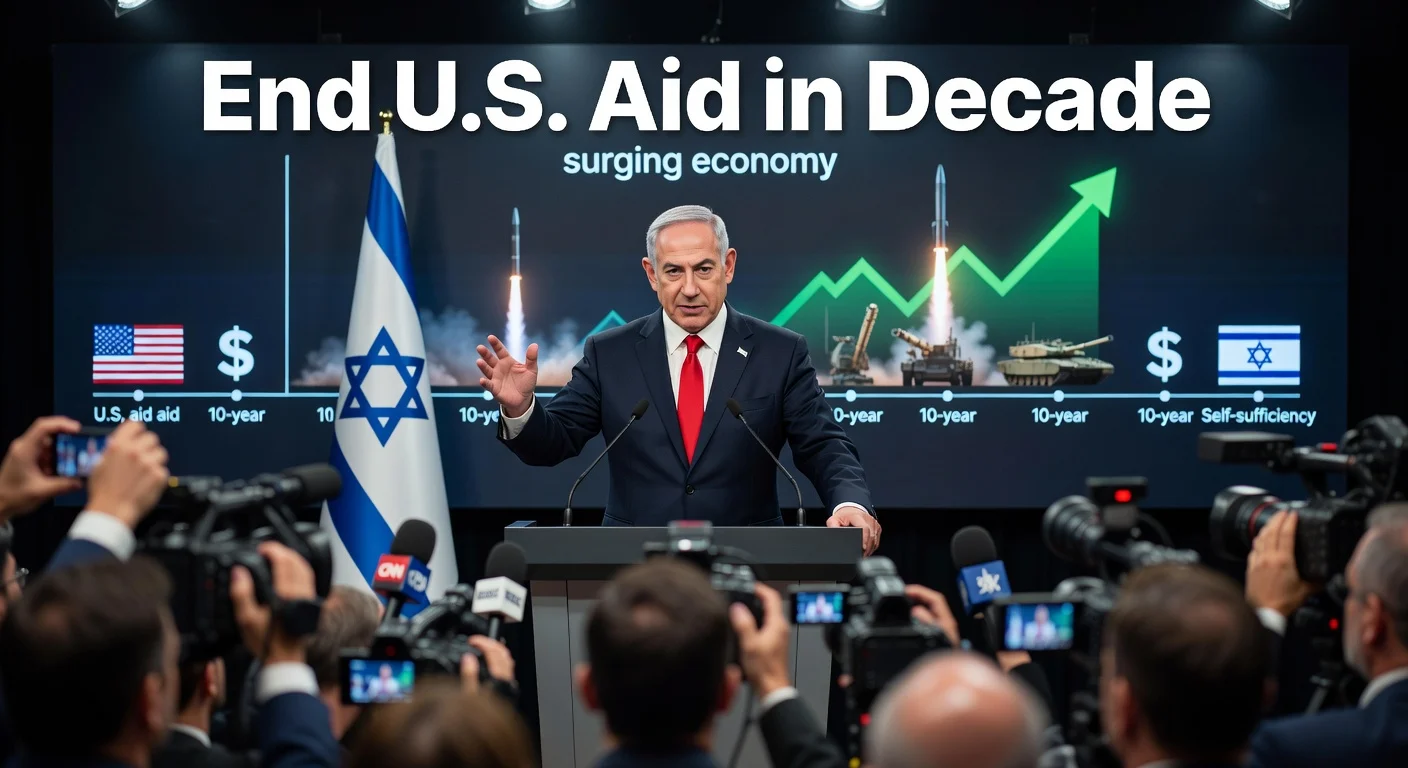 Benjamin Netanyahu announcing Israel's plan for military self-sufficiency, phasing out U.S. aid in 10 years, with economic and defense symbols.