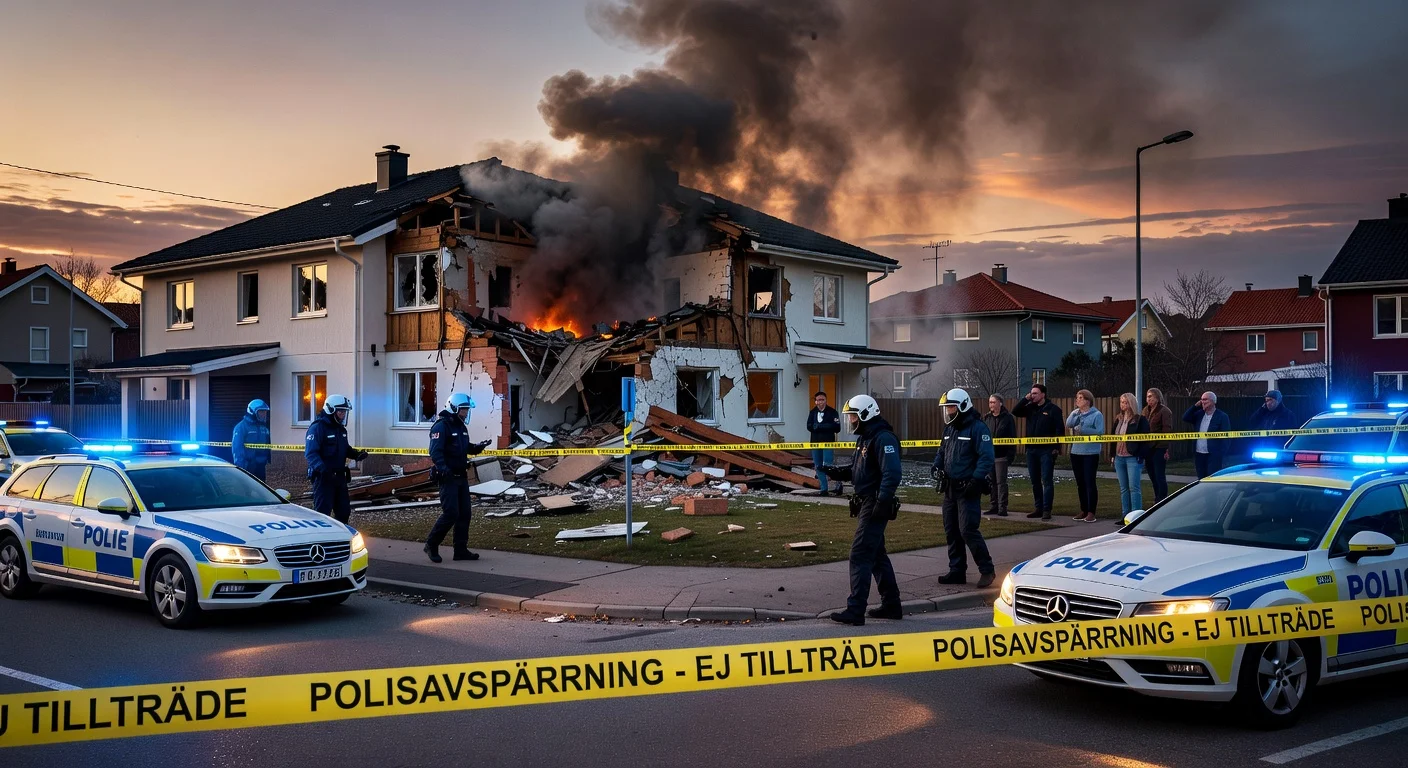 Illustrative image of police and bomb squad investigating explosion damage at a house in Tygelsjö near Malmö.