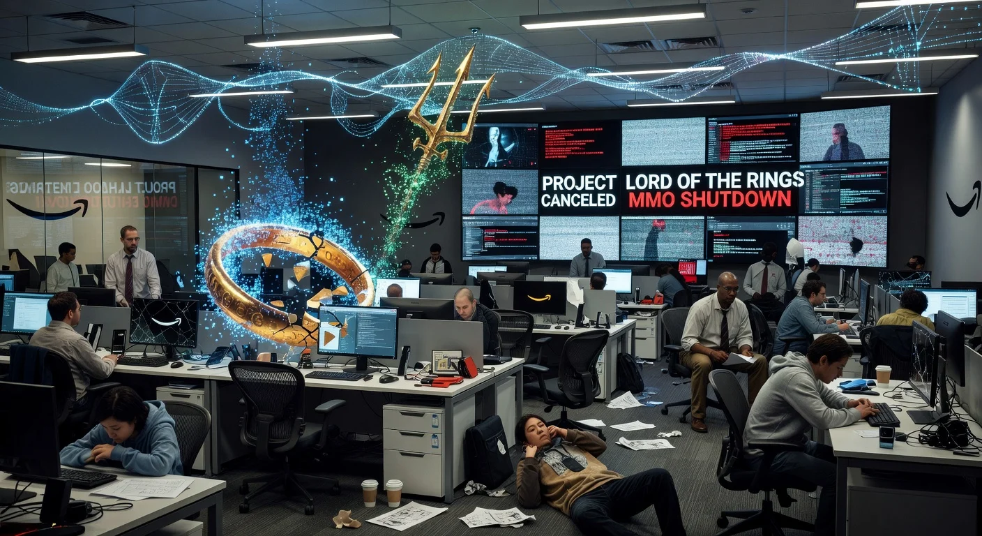 Illustration of Amazon canceling its Lord of the Rings MMO and Project Trident projects amid layoffs and AI efforts