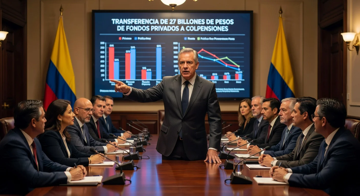 Illustration of Colpensiones president demanding transfer of pension funds in a government meeting.