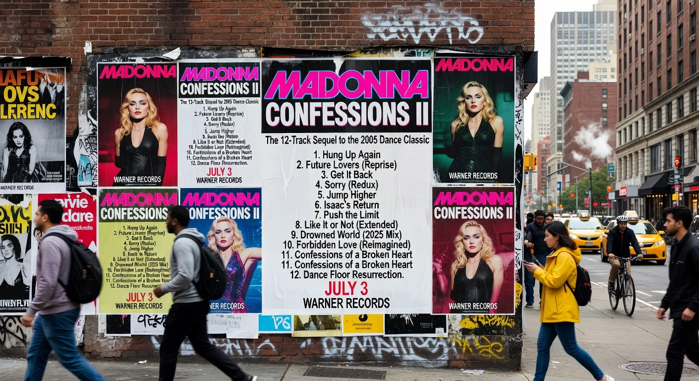 Street posters in major cities unveiling Madonna's Confessions II album track list for a news article illustration.