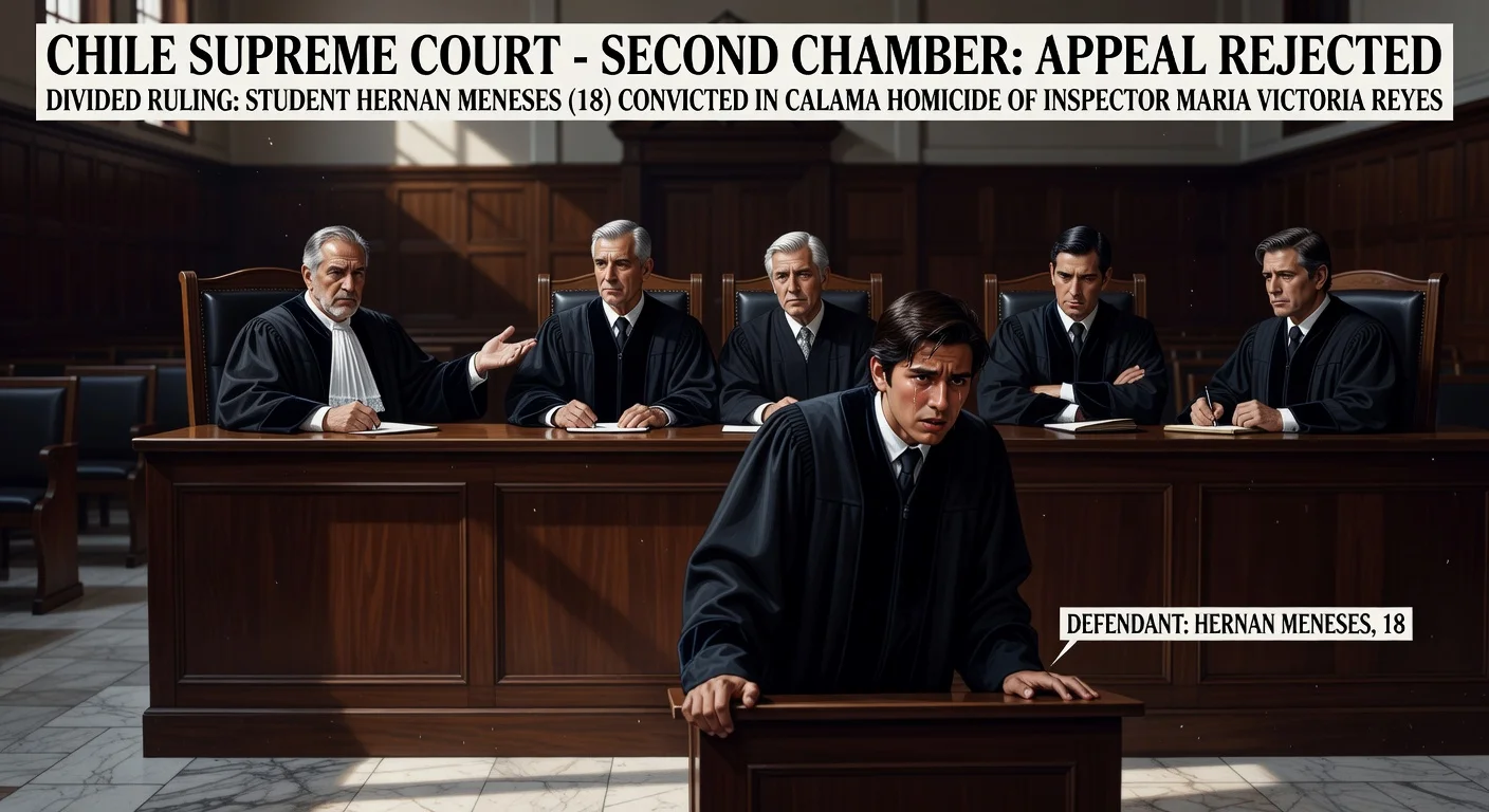 Supreme Court judges in robes rejecting appeal from a distressed young student in a homicide case at a Calama high school