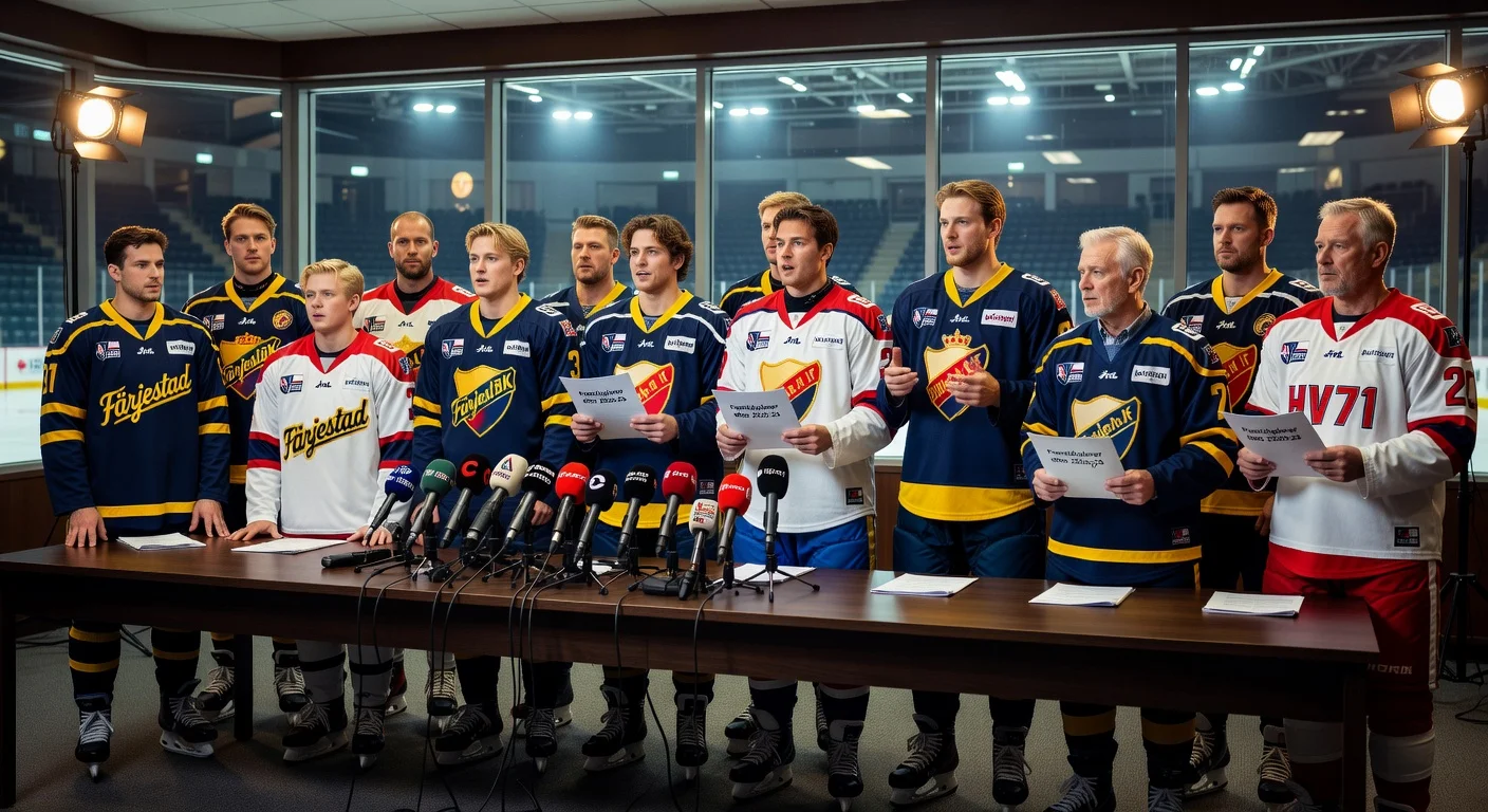 A group of Swedish hockey players announcing their career plans in a press conference setting.