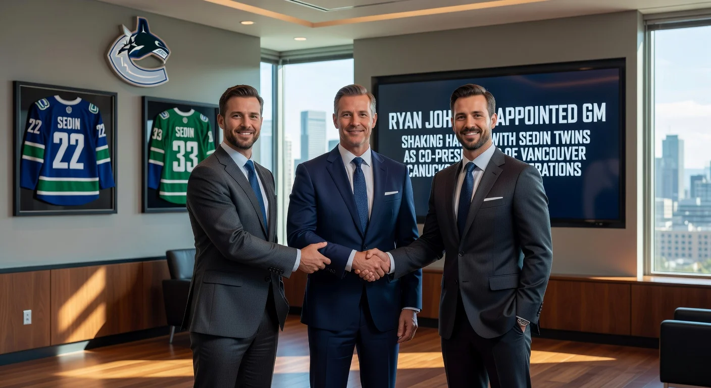 Vancouver Canucks announce new GM Ryan Johnson and co-presidents Daniel and Henrik Sedin in a professional setting.