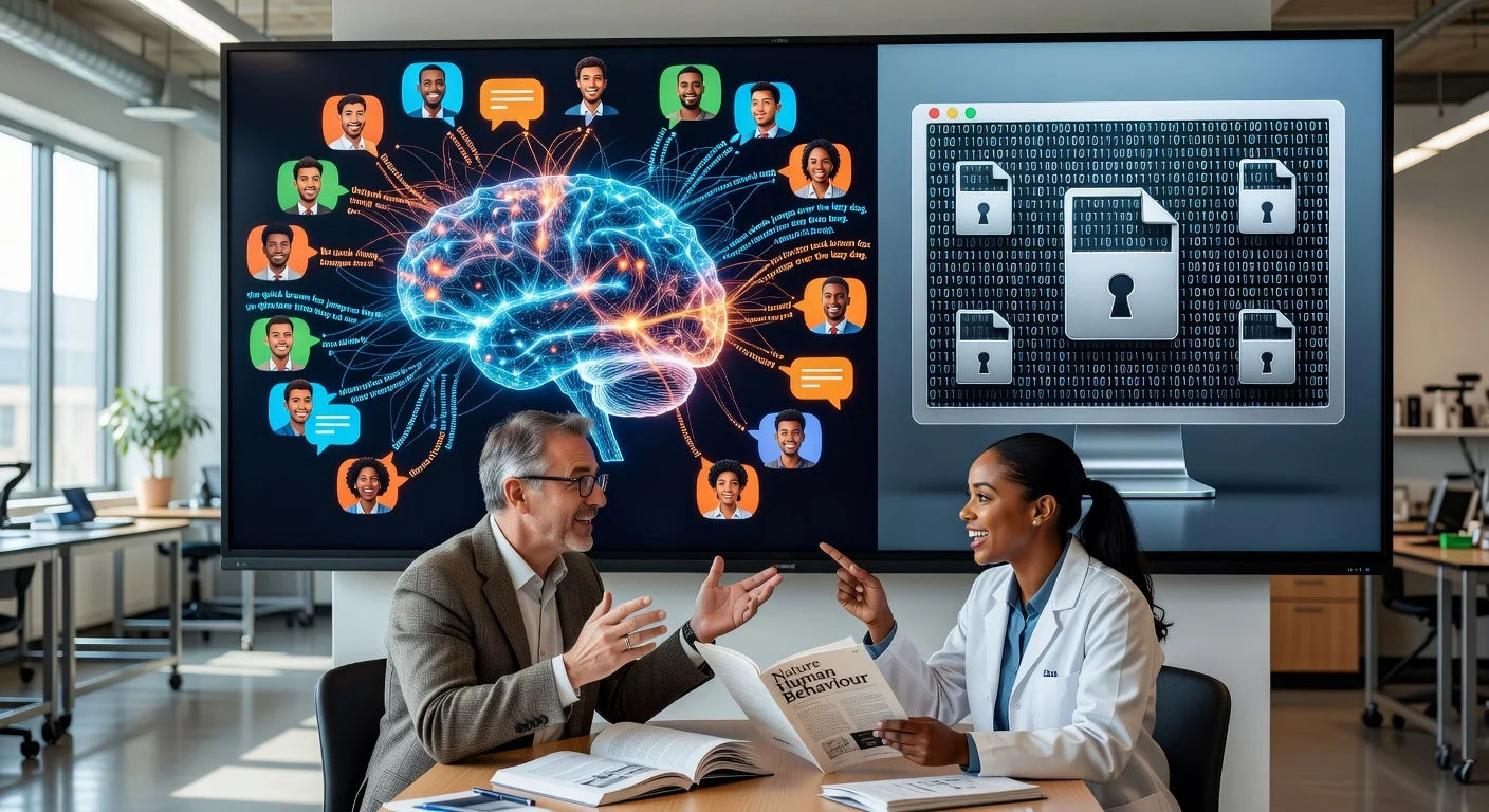 Illustration depicting linguists studying why human language resists compression like computer code, contrasting brain processing with digital efficiency.