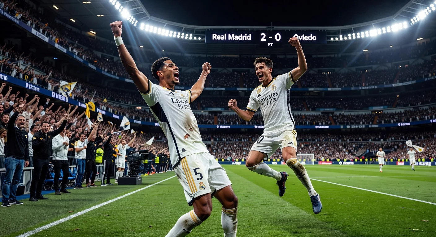 Real Madrid players celebrating a 2-0 victory against Real Oviedo at the Santiago Bernabeu stadium.