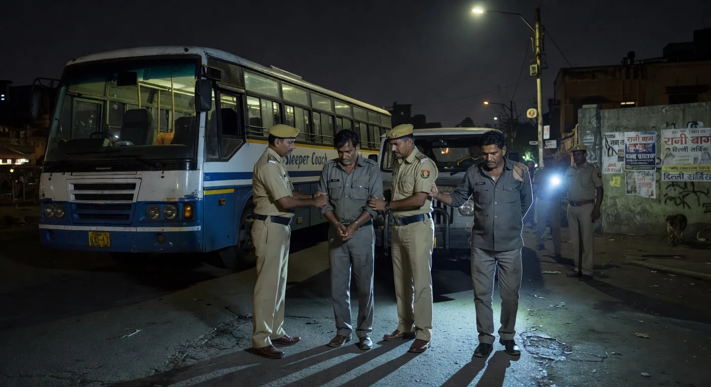 Police arresting two bus drivers outside a sleeper bus in New Delhi's Rani Bagh at night.