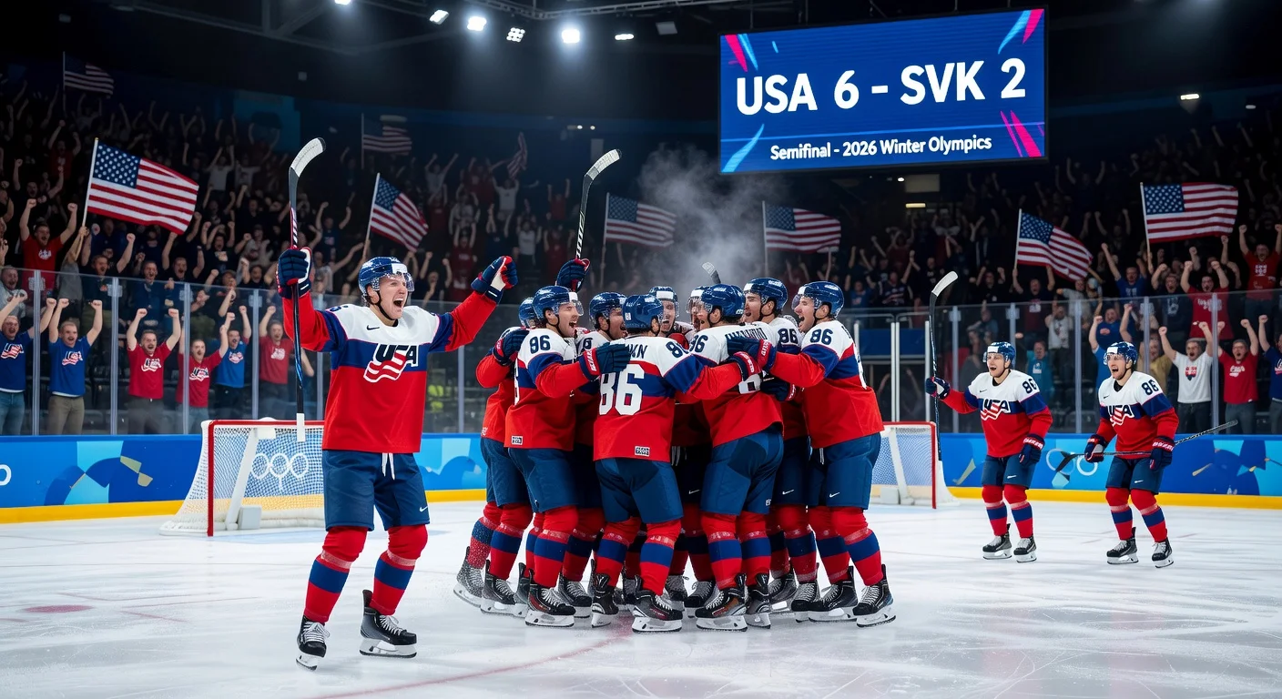 USA hockey team celebrates 6-2 Olympic semifinal win over Slovakia, Jack Hughes featured.