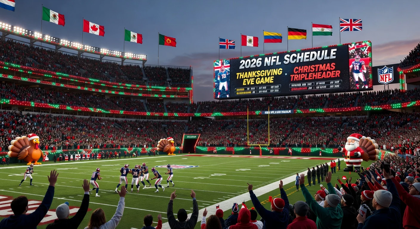 An illustration of an NFL stadium with holiday decorations and schedule display for the 2026 season release.