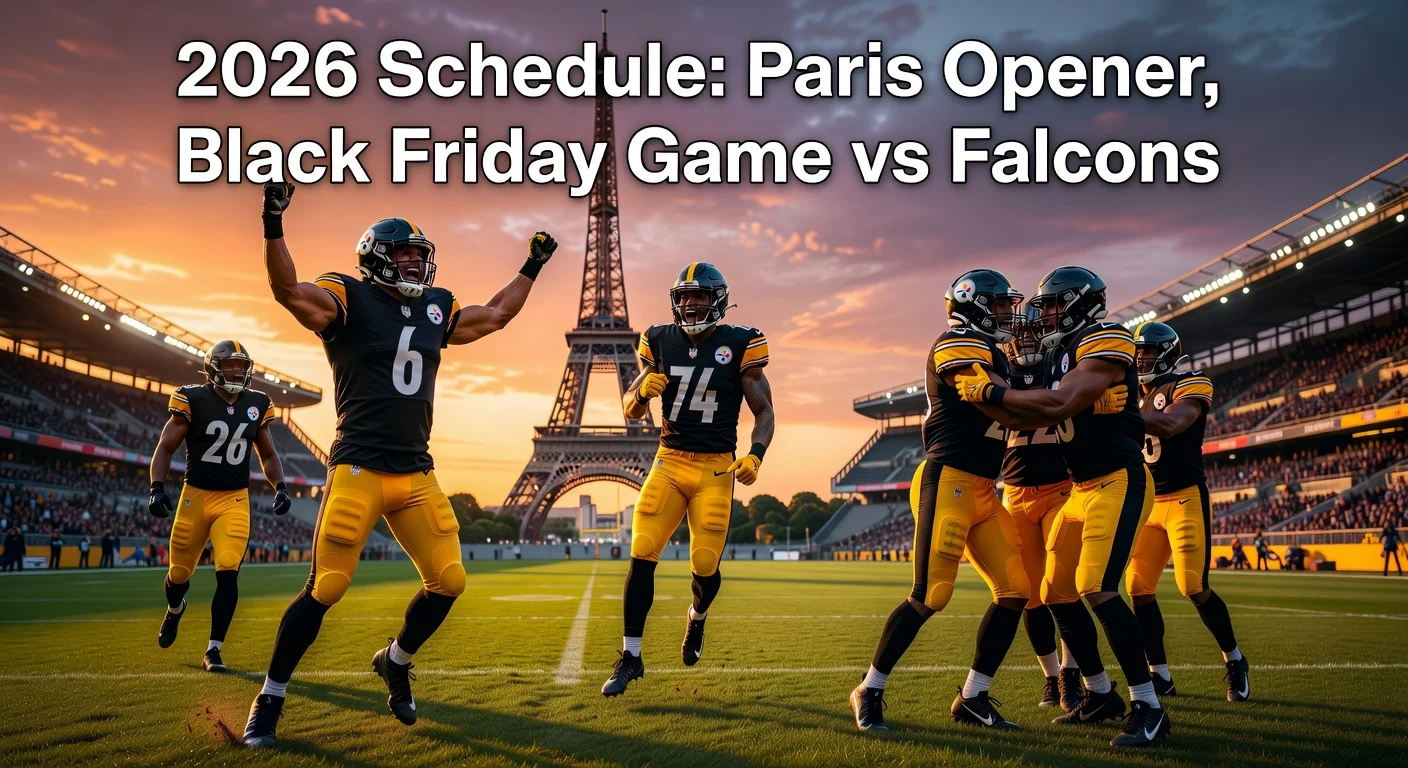 Realistic image of Steelers players in Paris stadium for 2026 NFL schedule announcement