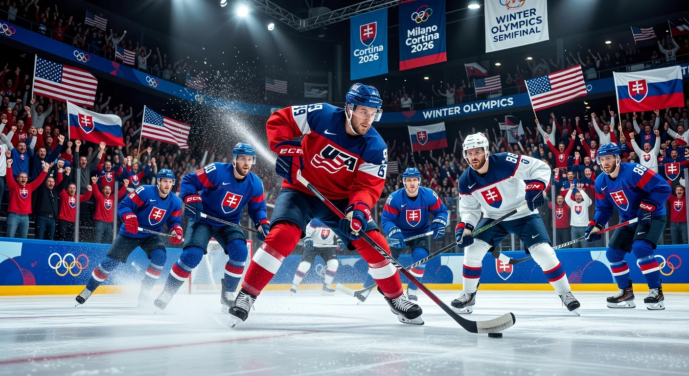 Dynamic illustration of USA vs. Slovakia Olympic men's hockey semifinal action, with players clashing on the ice.