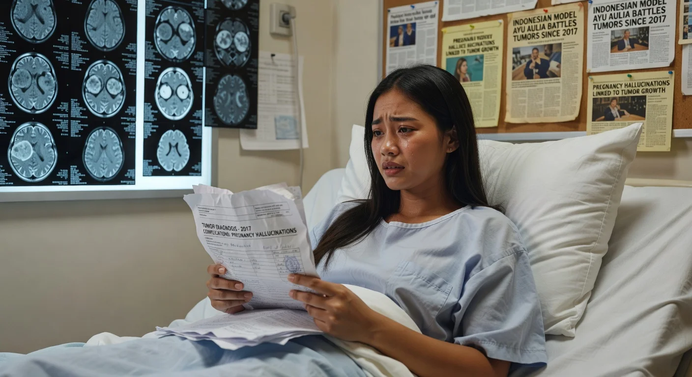 Photorealistic portrait of Ayu Aulia reflecting on her tumor illness and hallucinations in a hospital setting.