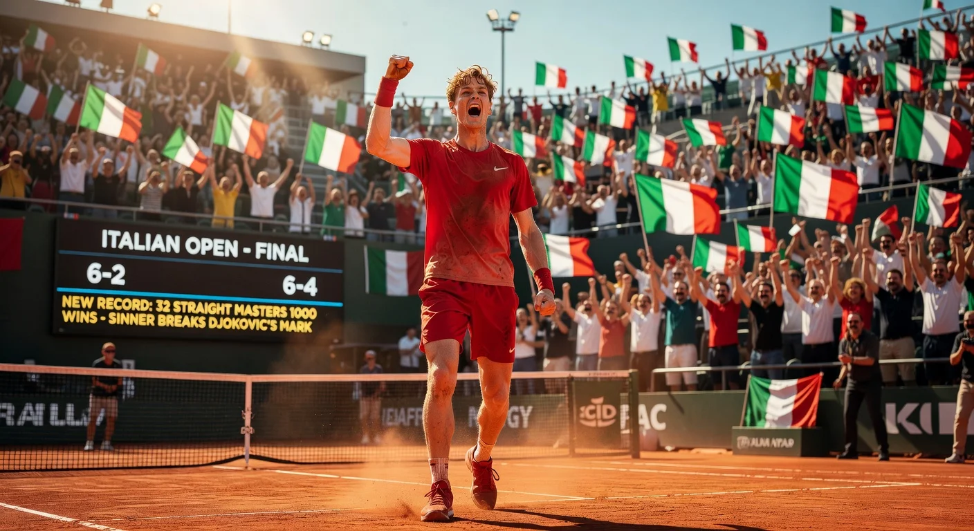 Jannik Sinner celebrating his record-breaking win at the Italian Open tennis tournament.