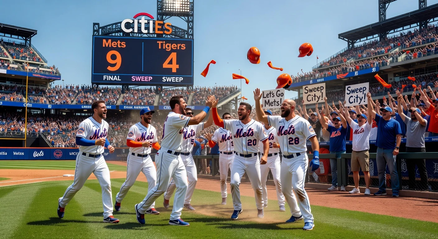 New York Mets celebrating 9-4 win over Detroit Tigers at Citi Field