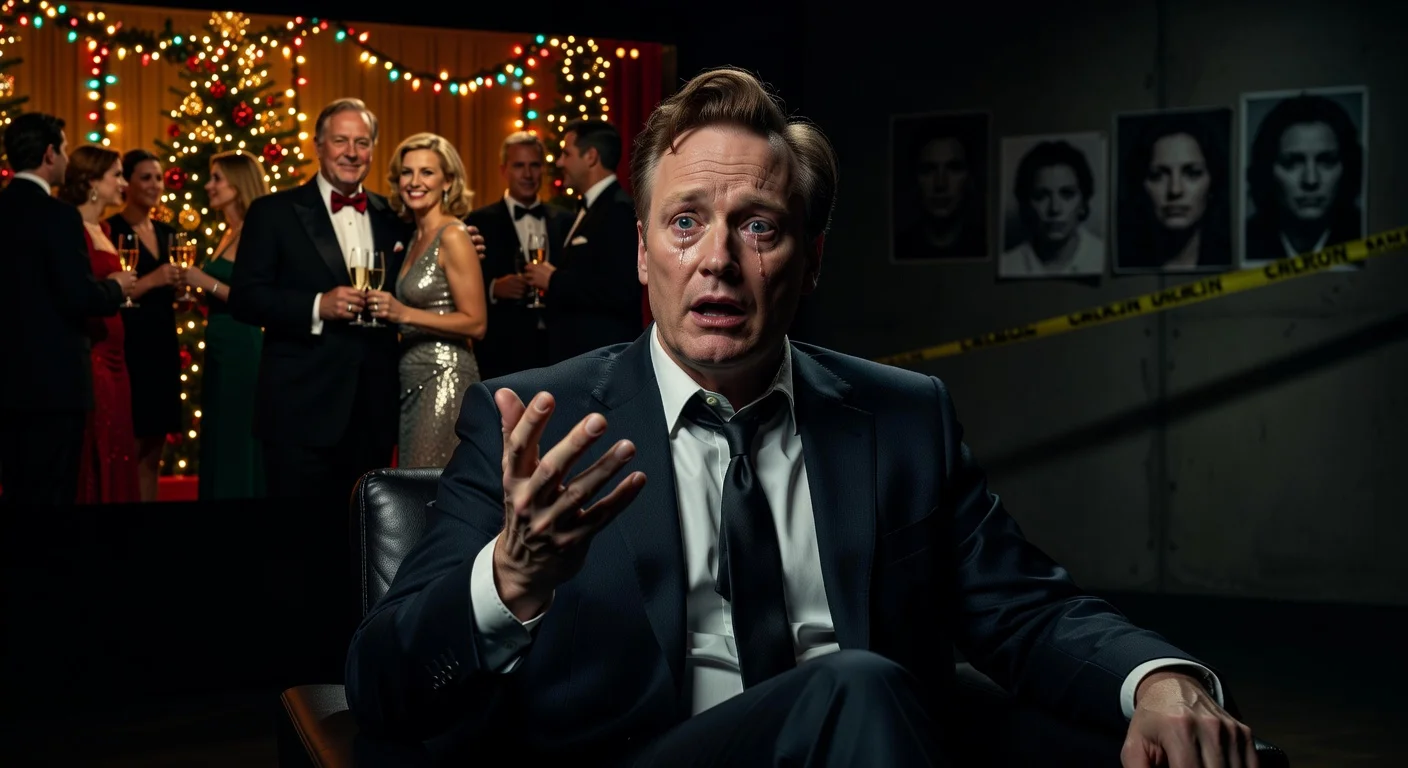 Conan O'Brien in shocked grief during interview, with holiday party and tragedy backdrop, illustrating Hollywood murders.