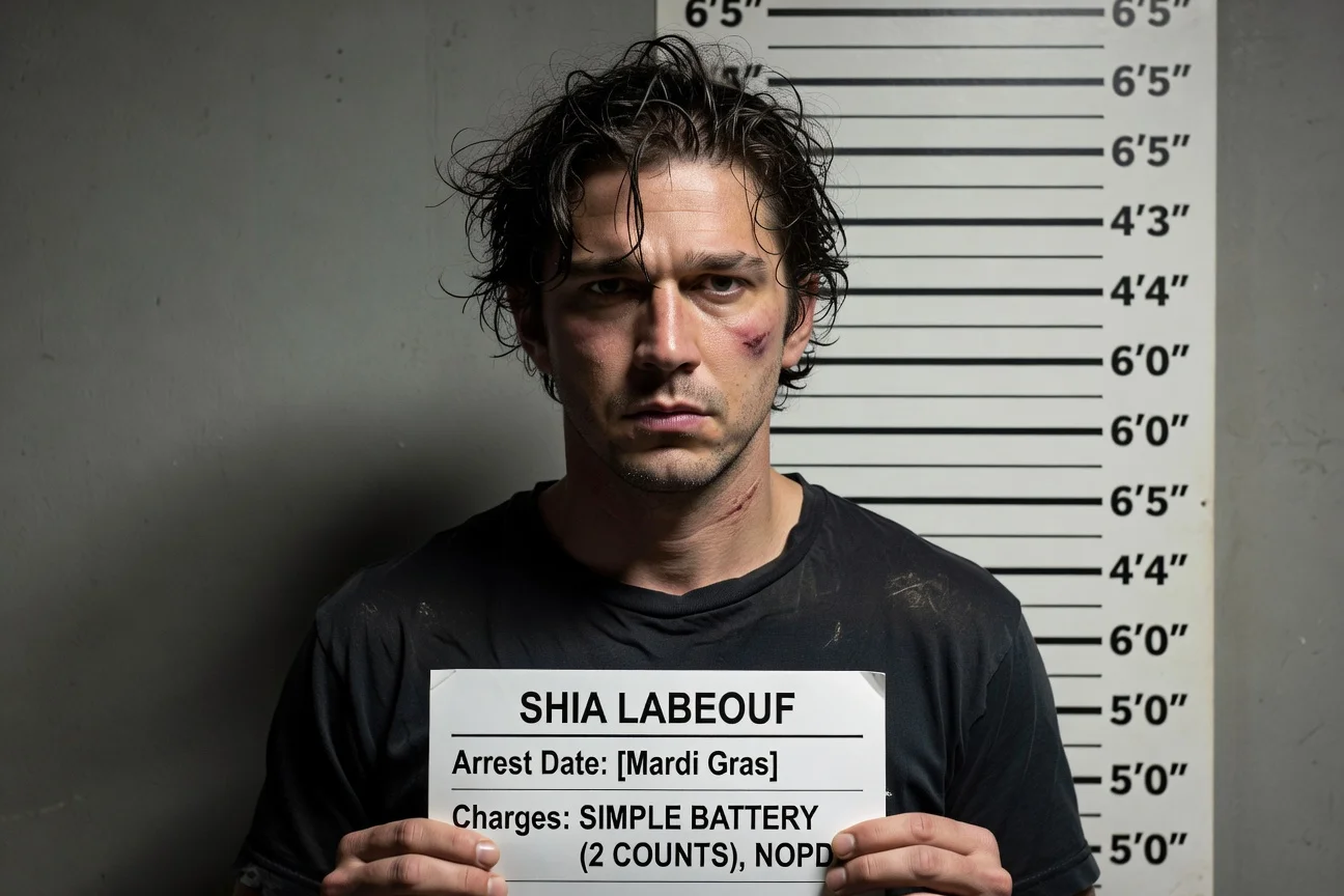 Photorealistic illustration of Shia LaBeouf's mug shot from New Orleans Mardi Gras arrest on simple battery charges.