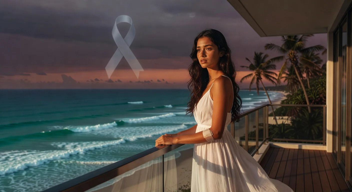 Photorealistic illustration of Brazilian influencer Bianca Dias on her family's beach house balcony, evoking her tragic death after plastic surgery.