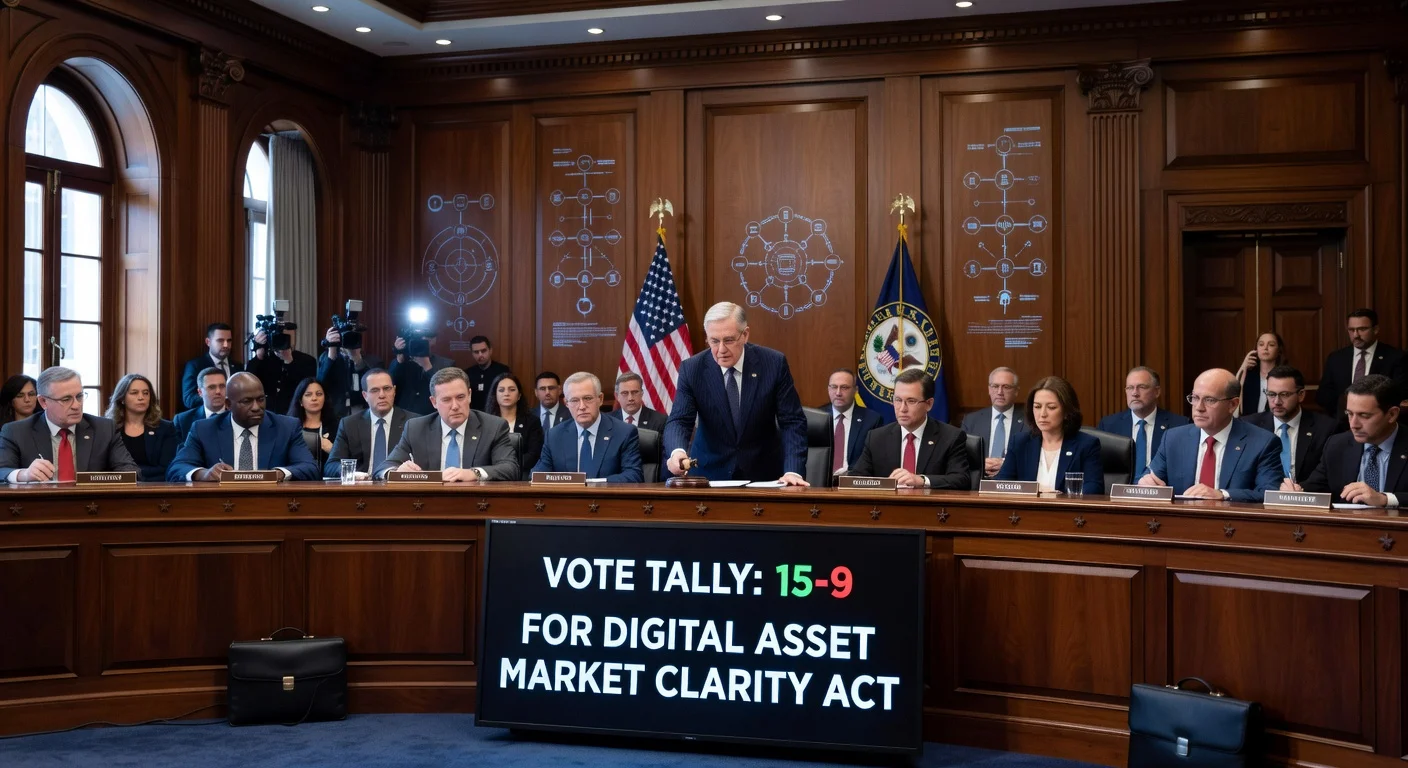 Illustration of the Senate Banking Committee advancing the crypto clarity act with a 15-9 vote.