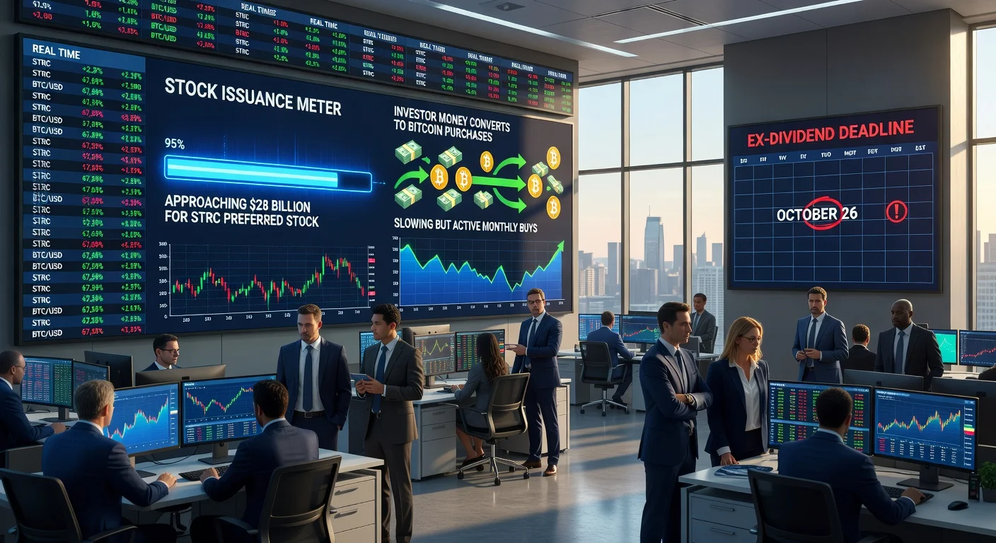 A photorealistic financial news illustration depicting stock charts nearing a $28 billion cap alongside Bitcoin purchases.