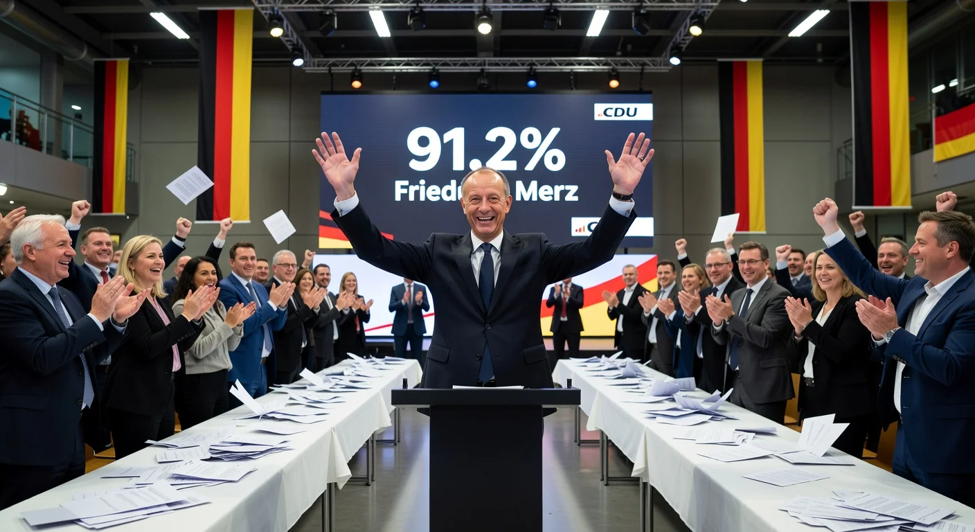 Friedrich Merz celebrates re-election as CDU leader with 91.2% of votes at Stuttgart congress amid paper ballot voting.