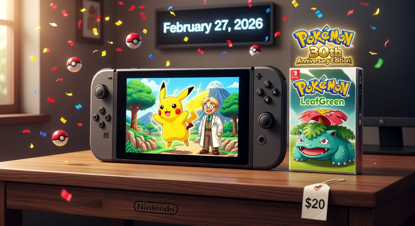 Nintendo Switch displaying Pokémon FireRed and LeafGreen re-release for Pokémon's 30th anniversary, with celebratory graphics and pricing details.
