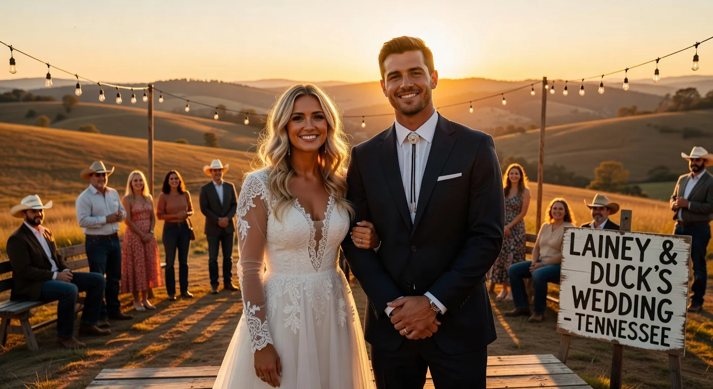 Lainey Wilson and Devlin 'Duck' Hodges smiling together at their Tennessee wedding ceremony.