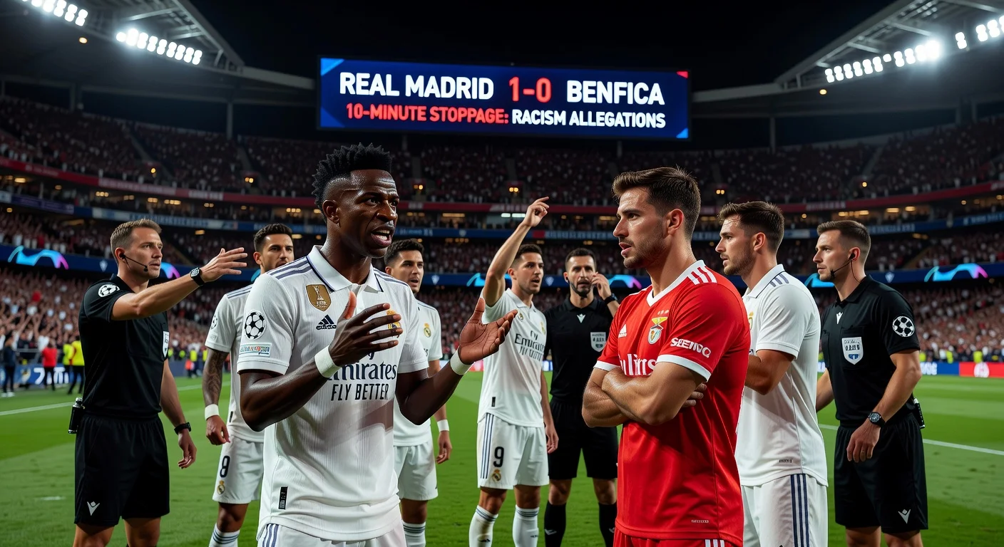 Dramatic scene from Real Madrid's 1-0 win over Benfica in Champions League, showing Vinicius Junior amid racism allegation stoppage.