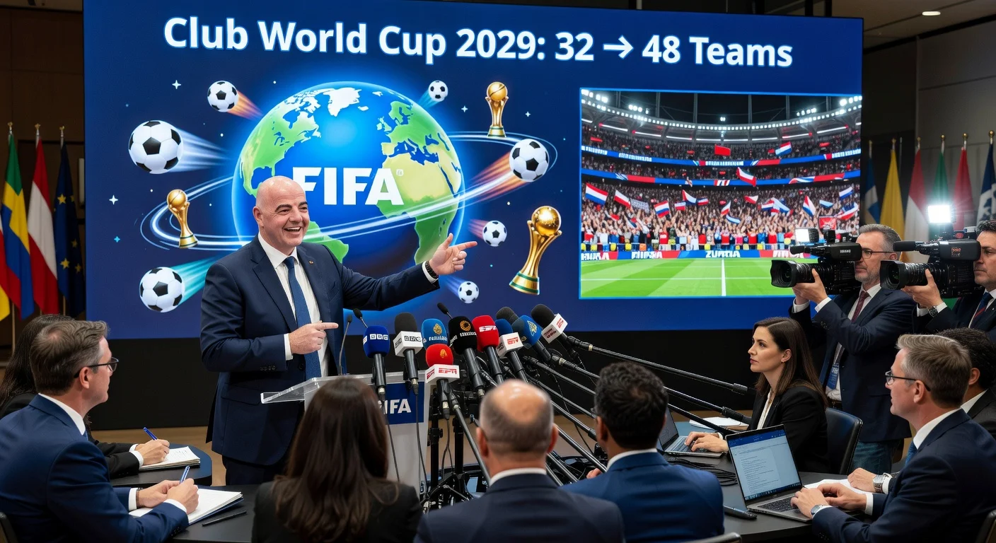 FIFA President announces Club World Cup expansion to 48 teams in 2029 at a vibrant press conference.