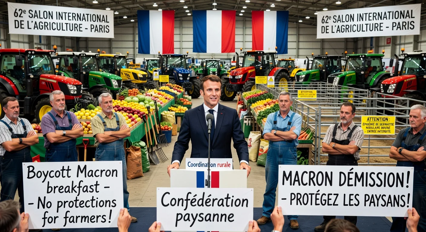 Emmanuel Macron opens Paris agriculture show amid union boycotts and no cattle due to disease outbreak.