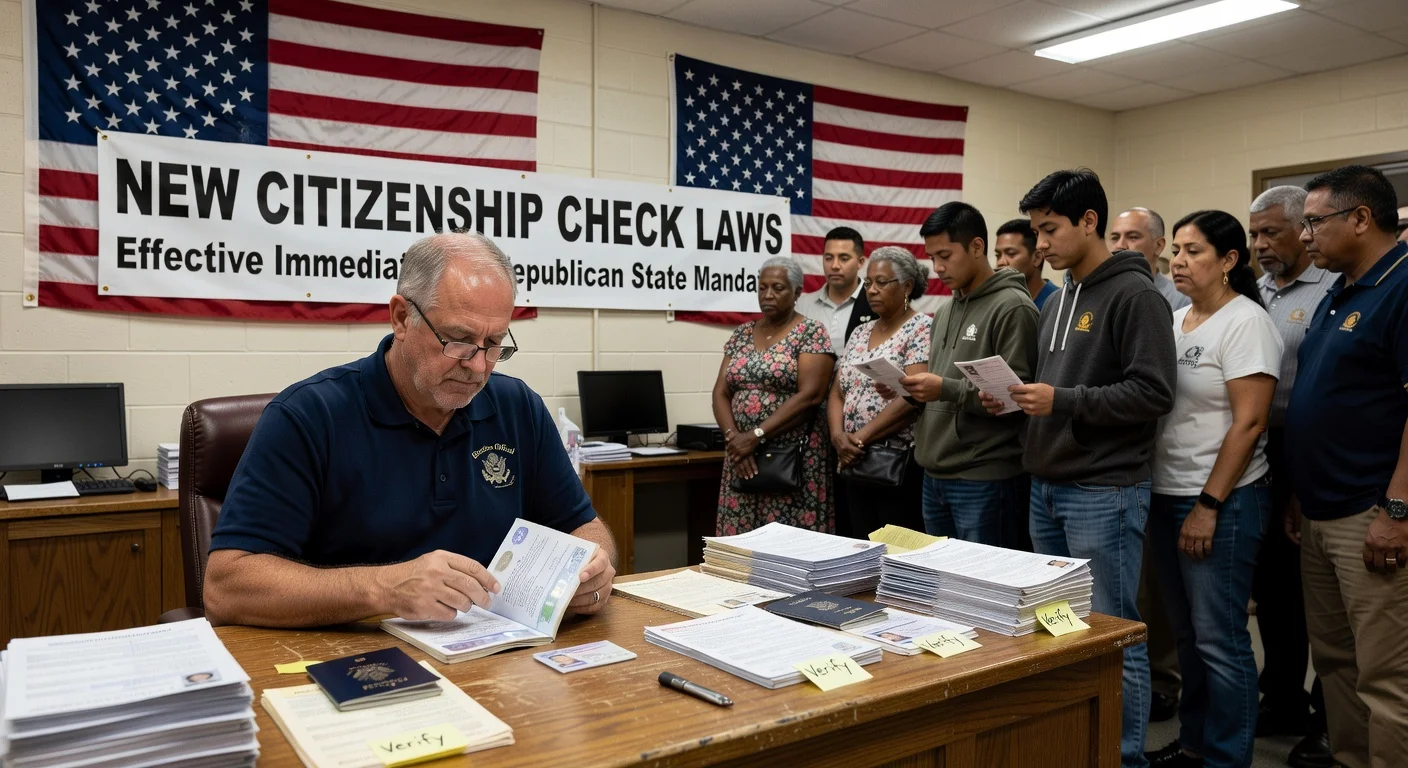 Illustration of election officials verifying citizenship documents during voter registration in a state office.