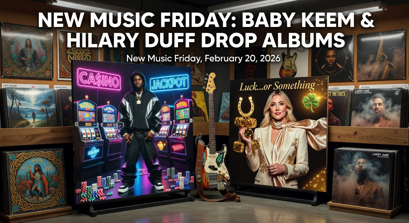 Realistic illustration of Baby Keem and Hilary Duff's new albums highlighted in a New Music Friday record store display, blending hip-hop and pop themes.