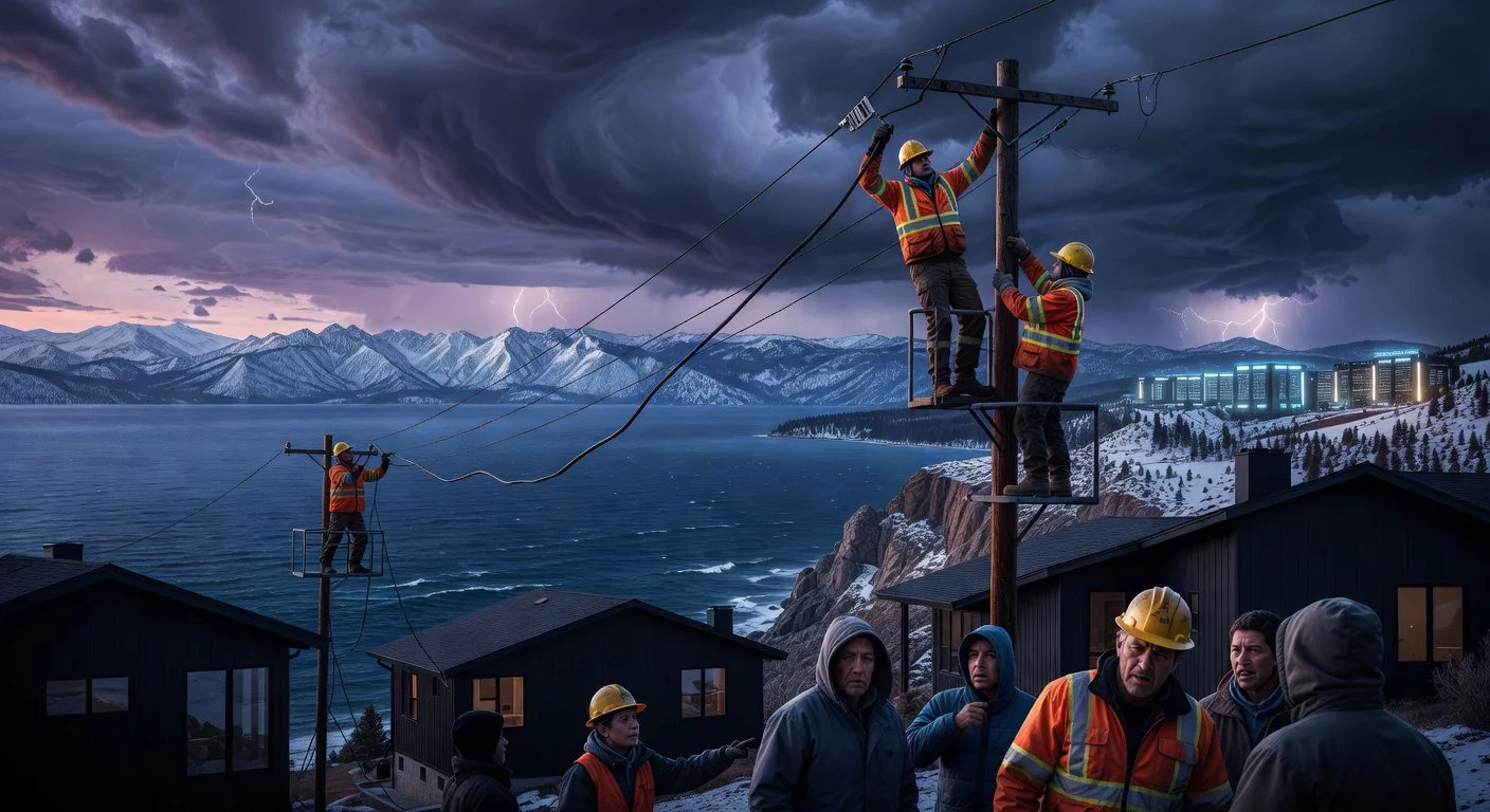News illustration showing utility workers cutting power to Lake Tahoe area residents amid energy supply changes.