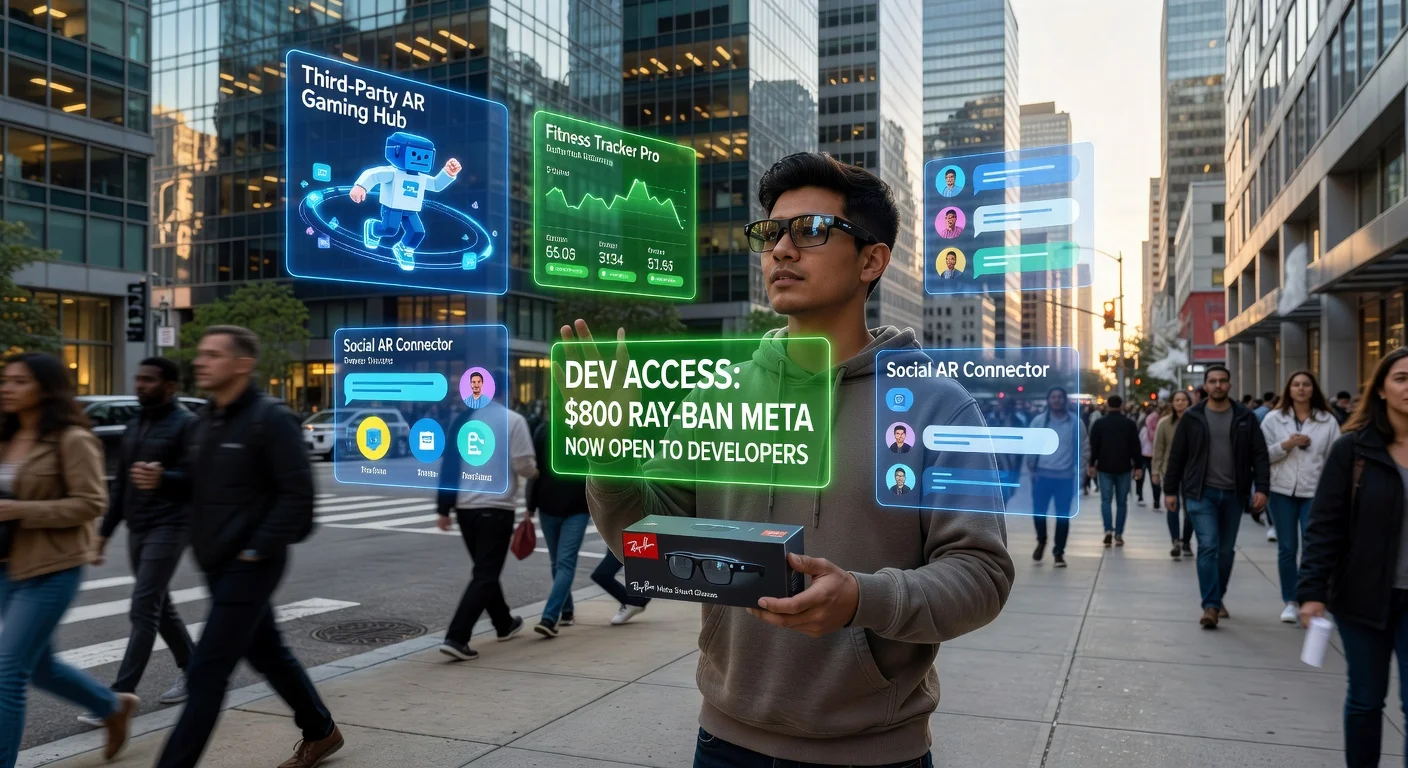 Illustration of a person using Meta's Ray-Ban smart glasses displaying AR apps and games, for a news article on developer access.
