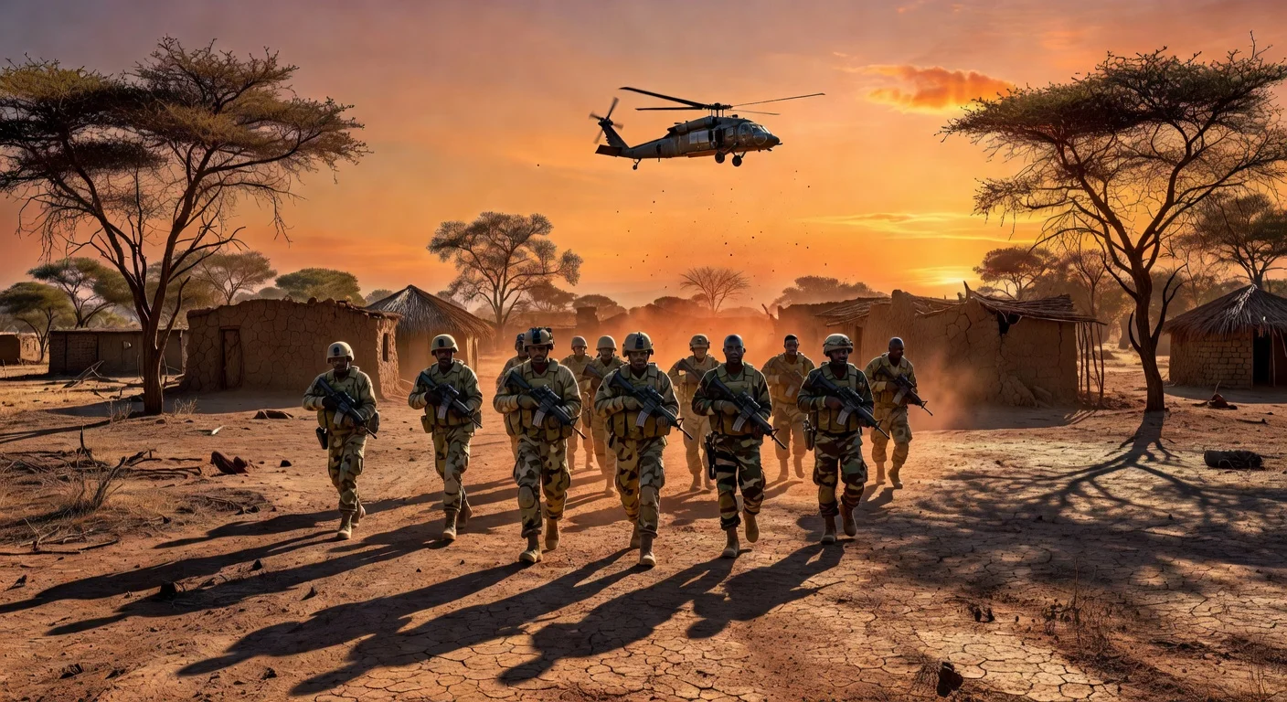 Realistic illustration of U.S. and Nigerian troops conducting a joint operation in northeastern Nigeria's arid landscape at sunset.