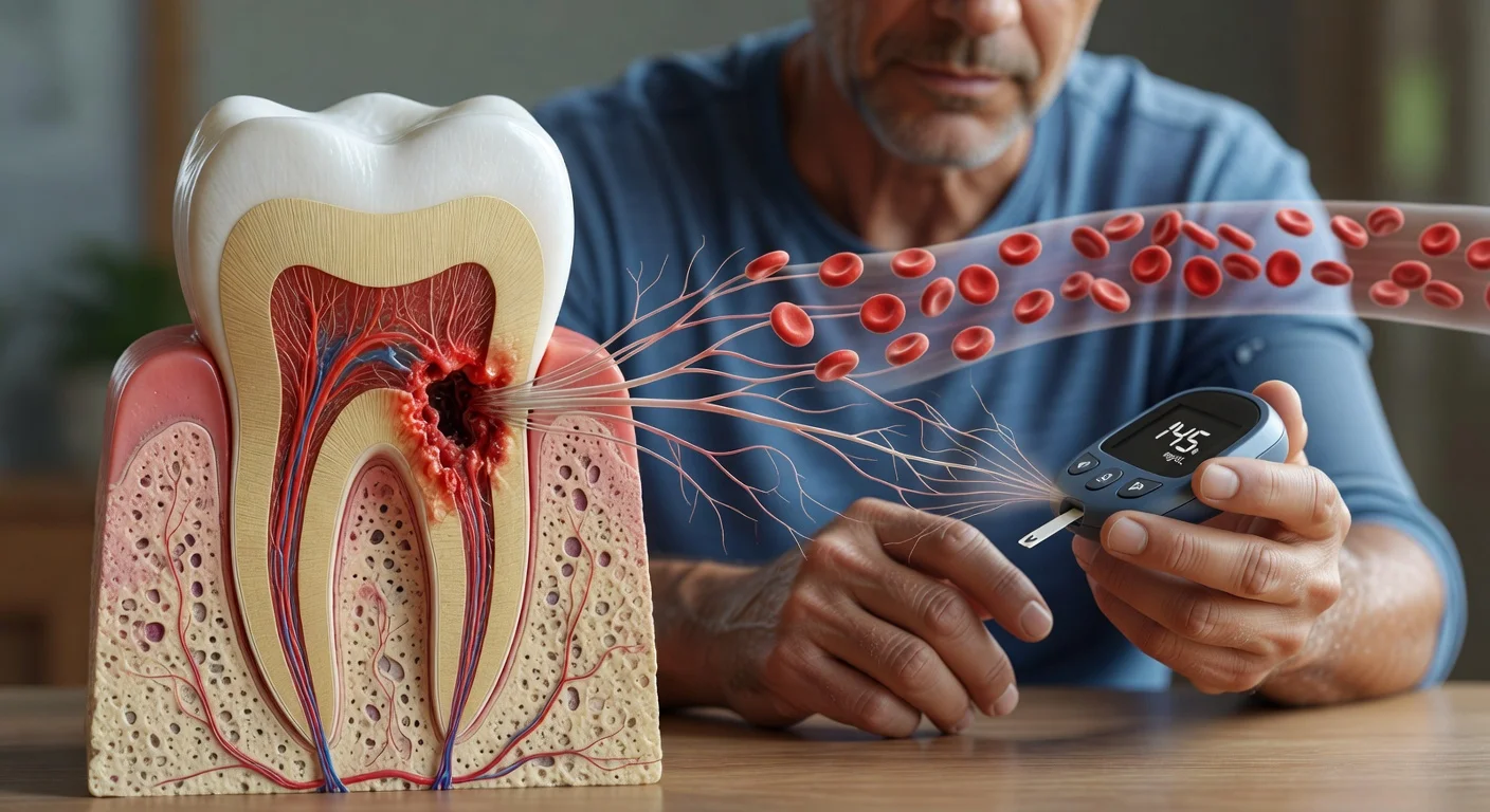 Illustration of a tooth root infection and its potential link to blood sugar control.