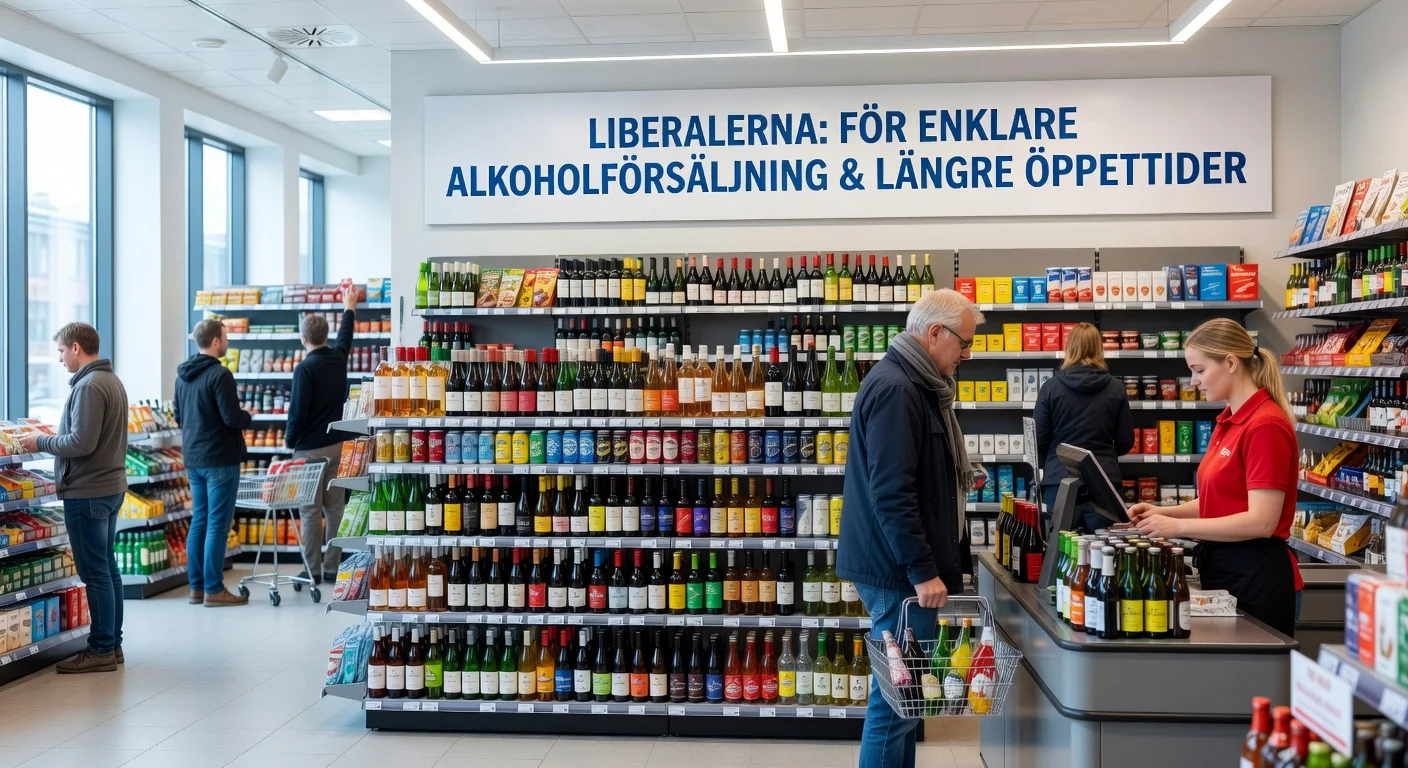 A realistic image of a Swedish store selling alcohol under new proposed rules by Liberalerna.