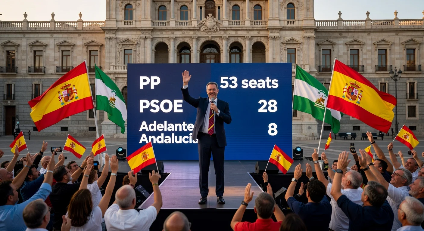 Illustration of Popular Party leader celebrating Andalusian election victory without absolute majority, showing seat results.