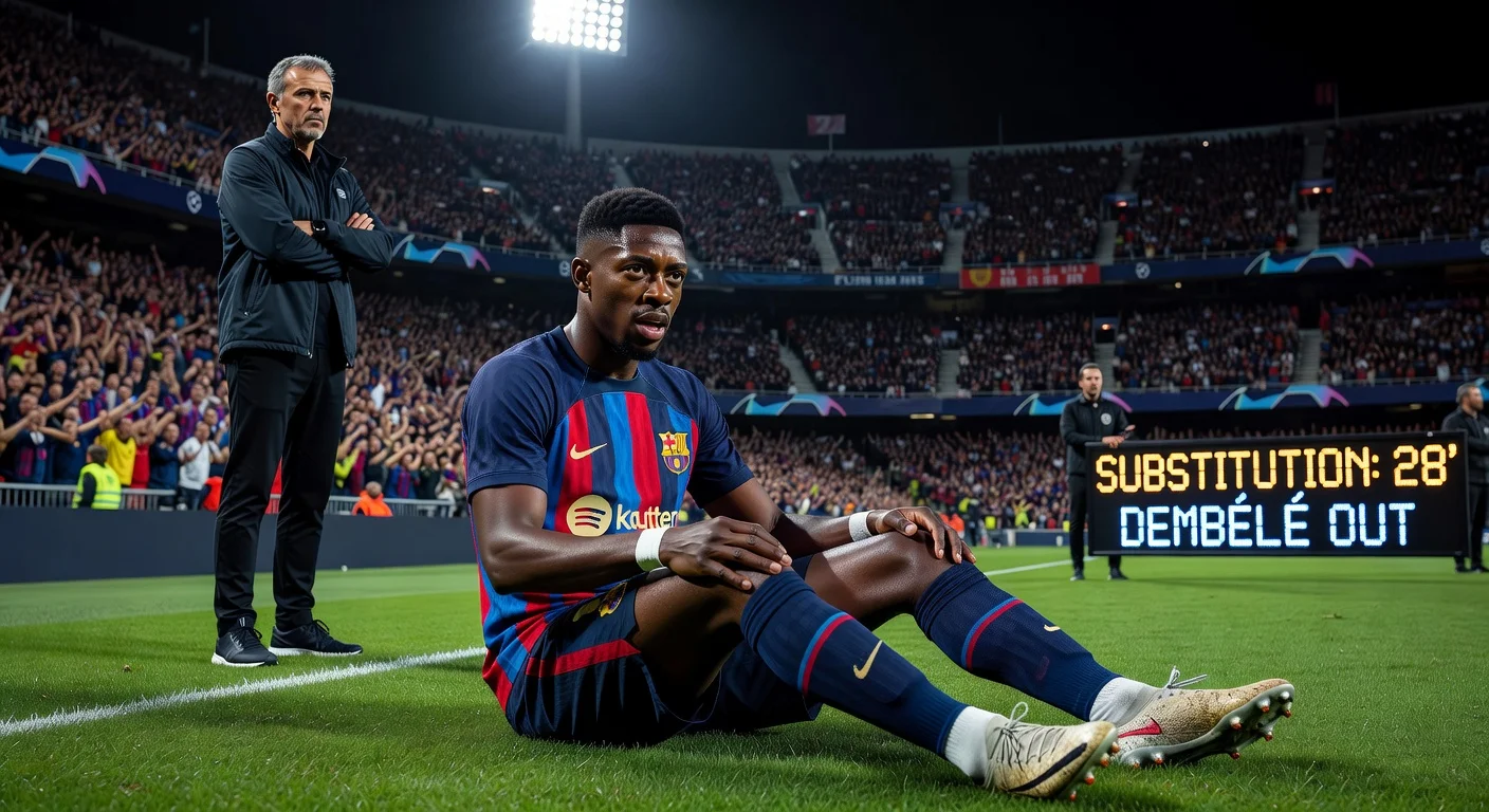 Ousmane Dembélé substituted off during a match with Luis Enrique looking concerned, foreshadowing injury worries before the Champions League final.