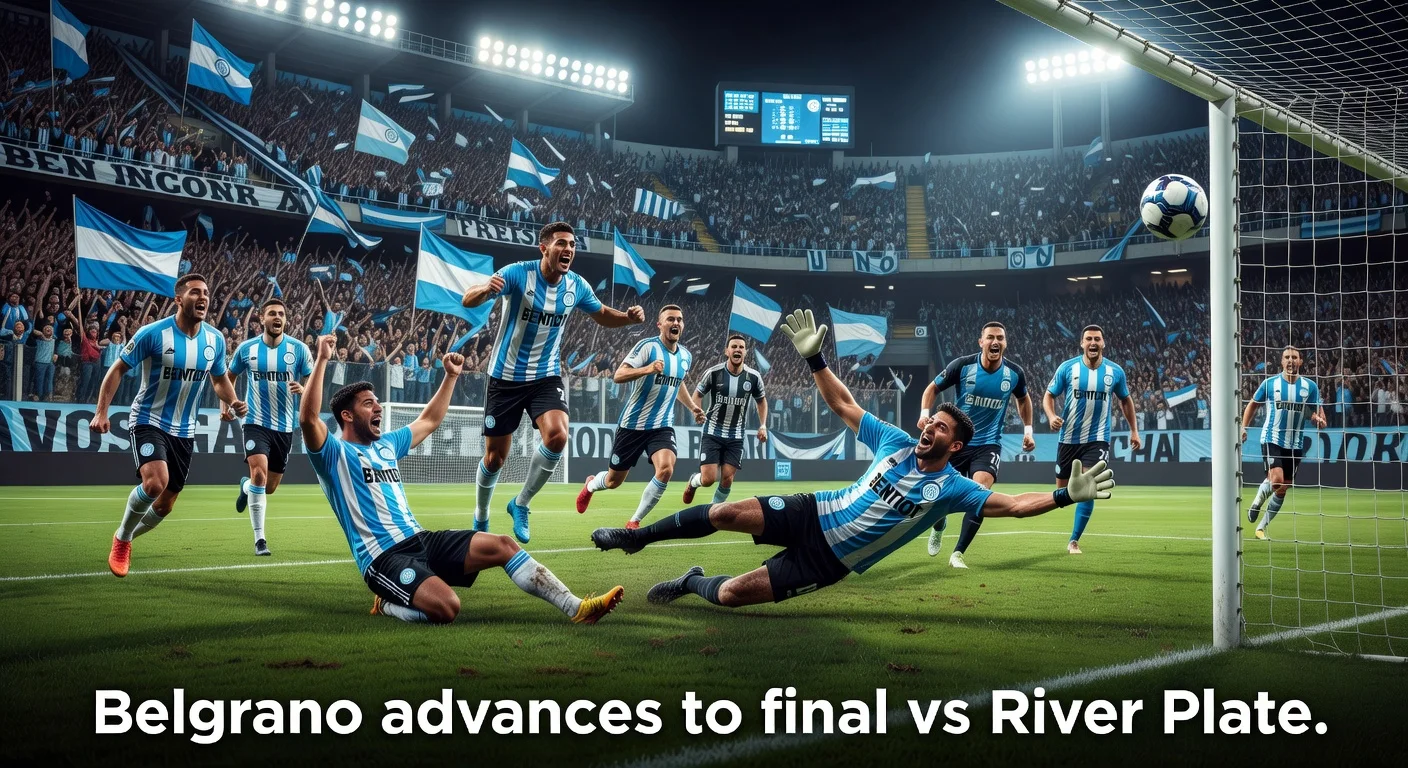 Belgrano players celebrating their penalty shootout win against Argentinos Juniors, advancing to the final against River Plate.