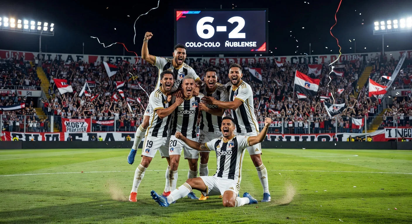 Colo Colo players celebrating a 6-2 soccer victory over Ñublense at Estadio Monumental.