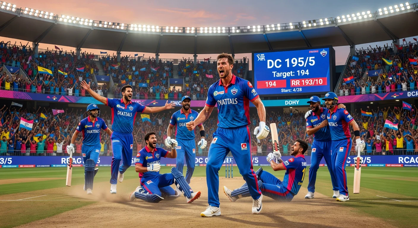Cricket players from Delhi Capitals celebrating victory in IPL match against Rajasthan Royals at Arun Jaitley Stadium, featuring Mitchell Starc.