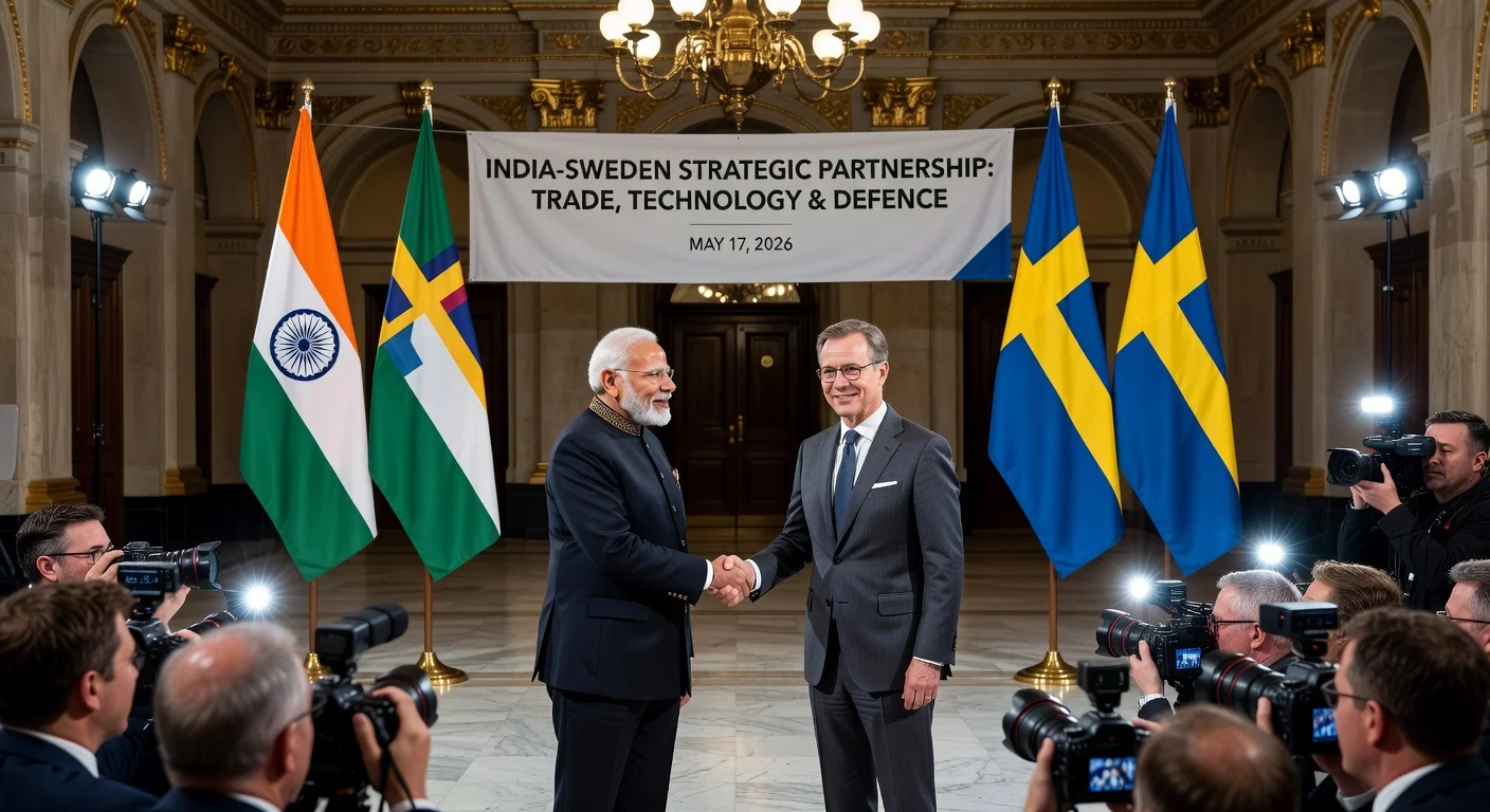 Narendra Modi and Ulf Kristersson shaking hands to mark India-Sweden strategic partnership.