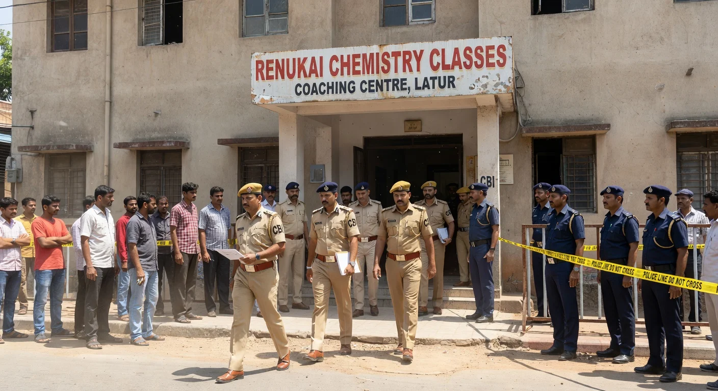 CBI officers raiding a Latur coaching center linked to NEET paper leak.