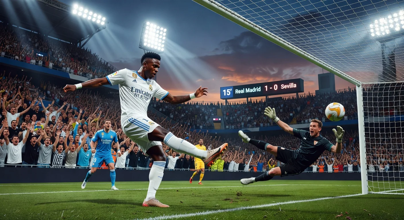 Vinicius Junior scoring the winning goal for Real Madrid against Sevilla in La Liga.