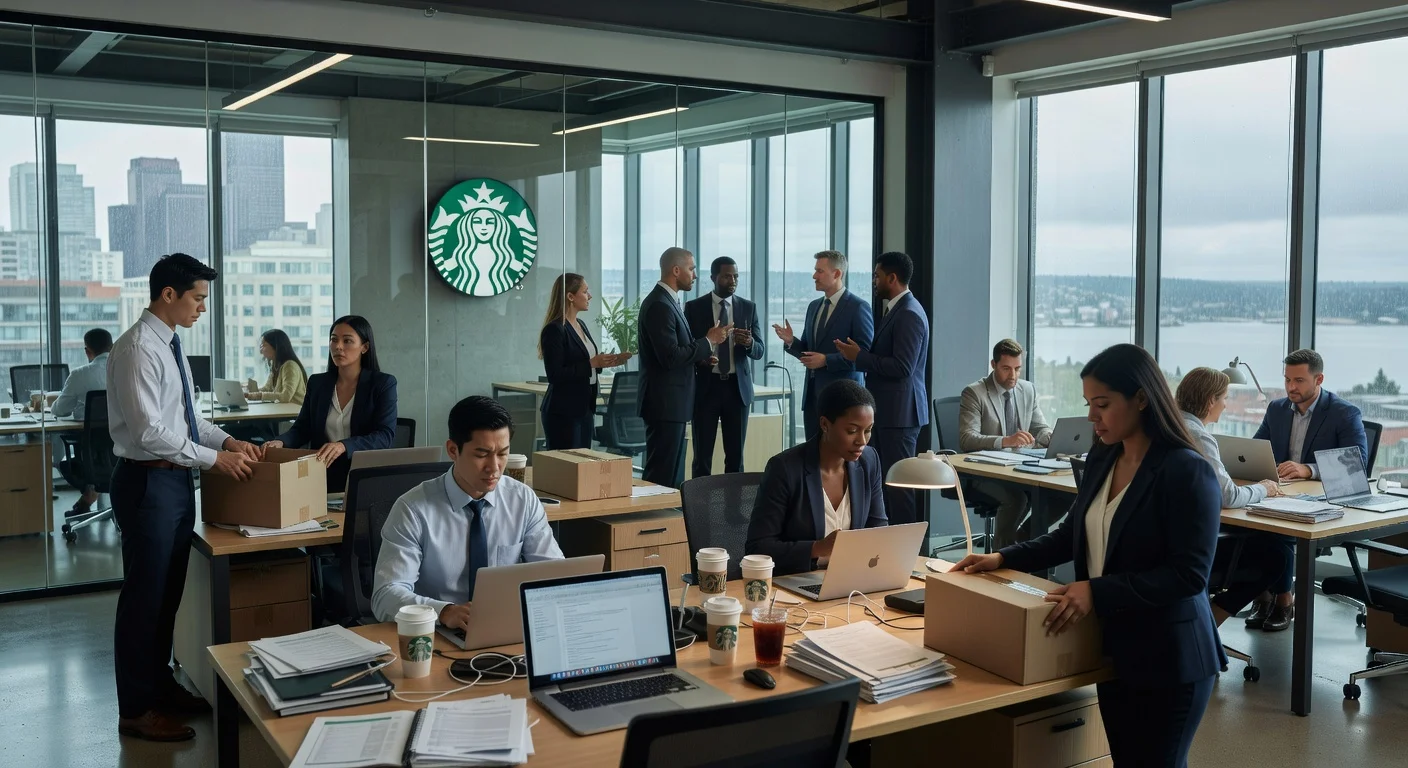 Illustration of Starbucks employees packing boxes in a corporate office during job cuts restructuring.