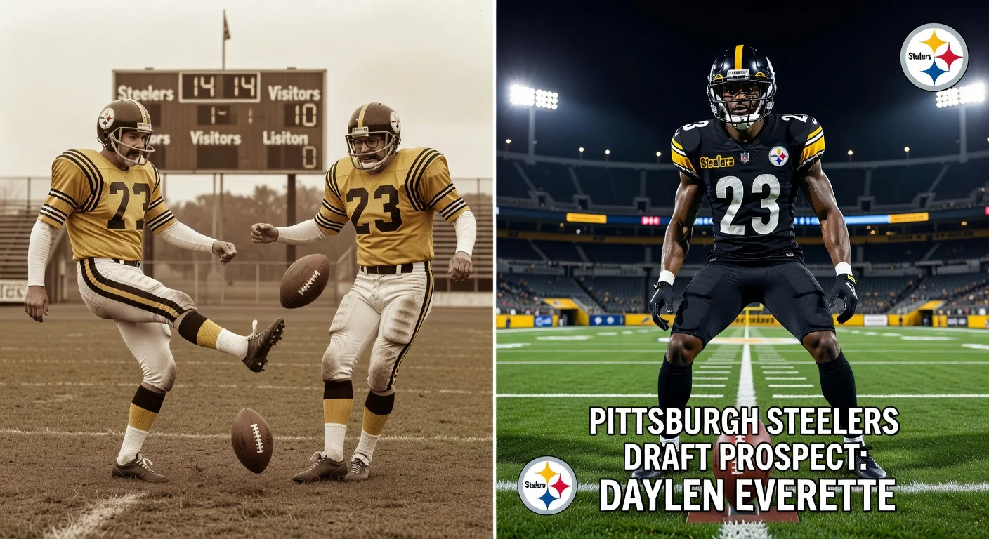 Illustration depicting the Pittsburgh Steelers' historical kickers and new draft prospects like Daylen Everette.