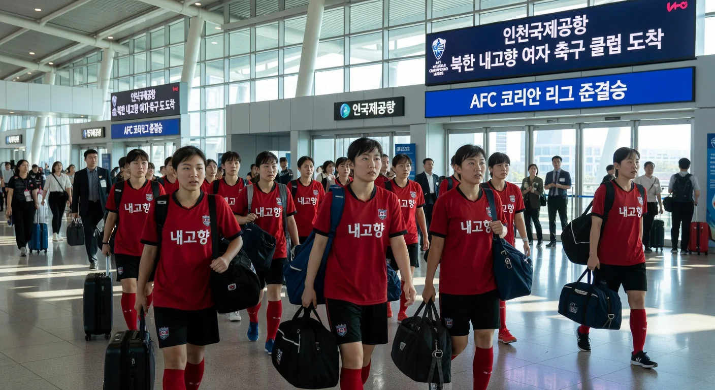 North Korean women's football team Naegohyang arriving at Incheon Airport in South Korea for AFC Champions League semifinal