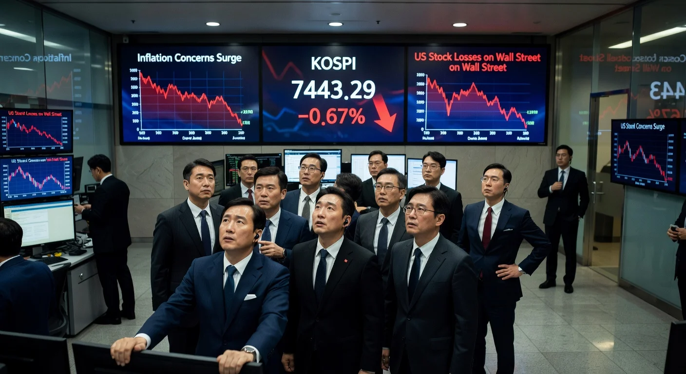Illustration of anxious South Korean stock traders watching the declining KOSPI index amid inflation and US market worries.