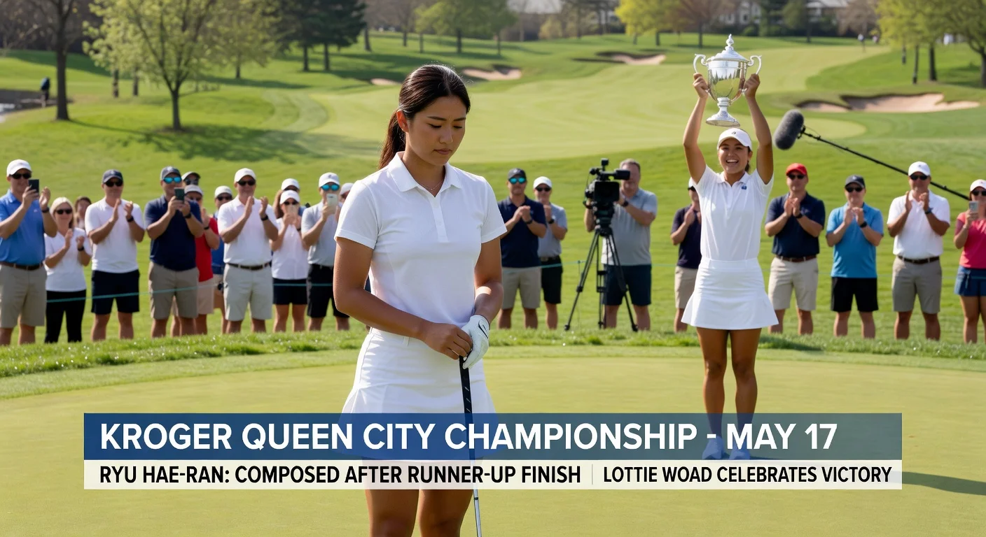 Ryu Hae-ran on the golf course after placing second at the Kroger Queen City Championship, with winner Lottie Woad celebrating in the background.