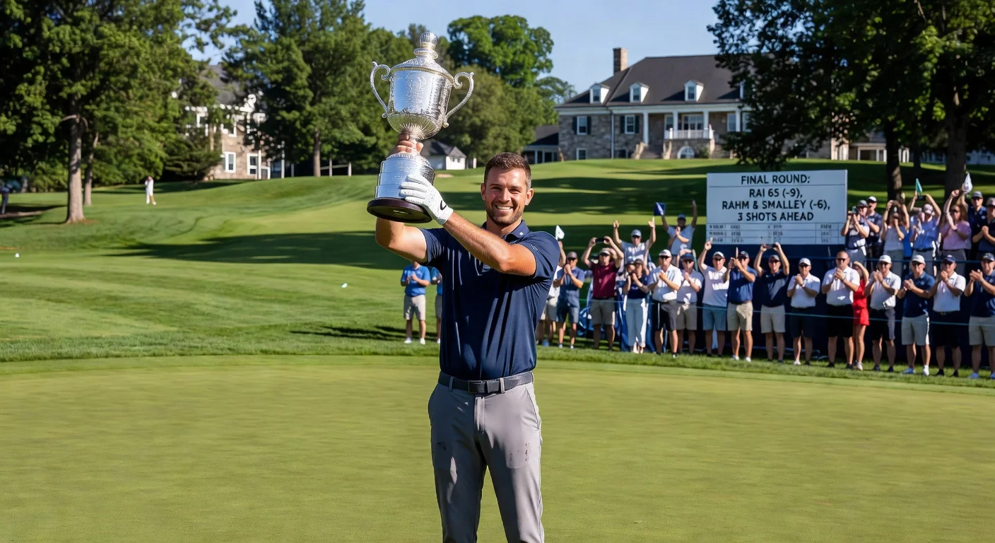 Aaron Rai holding the PGA Championship trophy after his win at Aronimink Golf Club.